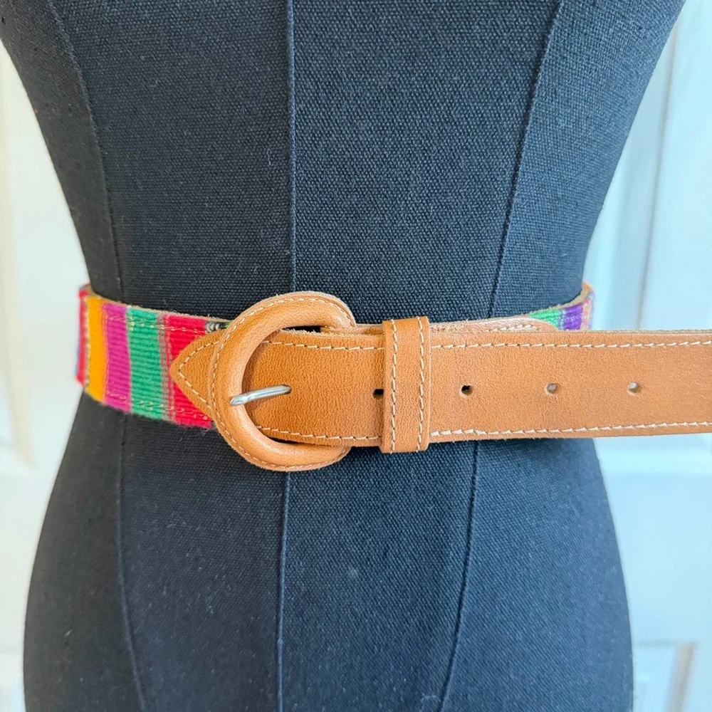 Multi colored BOHO leather trim western Serape style women belt SZ 36 large